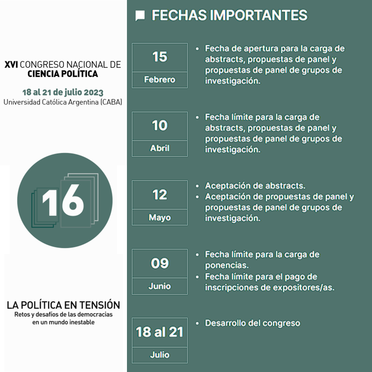 RedSAAP's tweet photo. ¡𝐗𝐕𝐈 𝐂𝐨𝐧𝐠𝐫𝐞𝐬𝐨 𝐍𝐚𝐜𝐢𝐨𝐧𝐚𝐥 𝐝𝐞 𝐂𝐢𝐞𝐧𝐜𝐢𝐚 𝐏𝐨𝐥í𝐭𝐢𝐜𝐚 a la vista! 🔭 

Compartimos las 𝒇𝒆𝒄𝒉𝒂𝒔 𝒄𝒍𝒂𝒗𝒆 🗓️ para tener en cuenta a la hora de programar su participación en el próximo congreso.  

#SAAP2023👨🏻‍🏫👩🏻‍🏫👩🏻‍💻👨🏻‍💻 https://t.co/1MrpwRZrxS