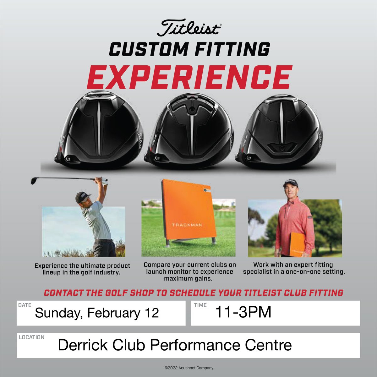 Come to our @titleist fitting day! 🏌️

Sunday, February 12
From 11:00 AM - 3:00 PM

Contact the Pro Shop at 780.437.8383 to book your fitting!

#ProShop #ClubFitting #Titleist #FittingDay #Golf #YEGgolf #YEG