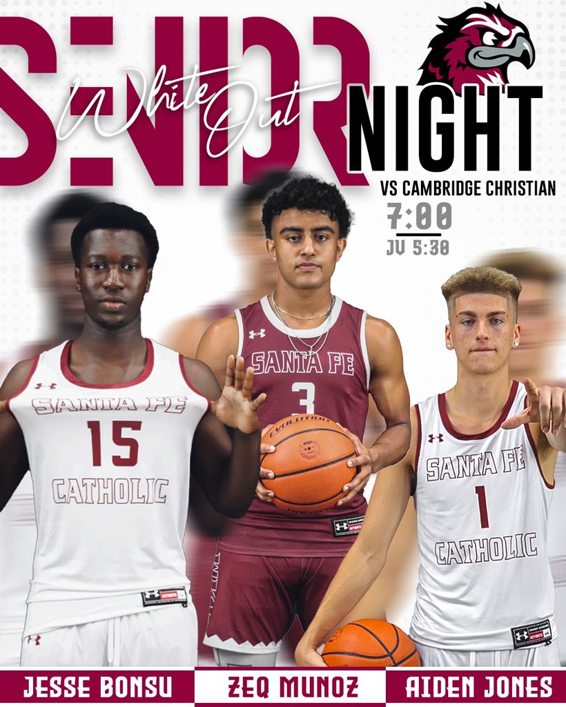 MikeBlicher's tweet photo. 🚨 SENIOR NIGHT 🚨

🗓️ Friday, February 3rd

🆚 Cambridge Christian

⌚️ JV 5:30 Varsity 7:00

🎉 Senior Night Ceremony will take place right after the JV game 

⚪️ WHITE OUT - WEAR WHITE!

📍Santa Fe Catholic High School

💻 https://t.co/Ej9ylR9THW https://t.co/OjFzegw1Hn