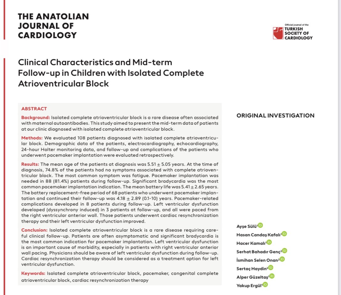 #Epeeps  We published the mid-term results of >100 patients diagnosed with congenital isolated complete AVblock. >80% require PM implantation at follow-up. LV apical(epi) and RV septal pacing (endo) seem to be the best pacing locations.<a href="/DursunAras2/">Dursun Aras, Professor</a> <a href="/enes_elvin/">Enes Elvin Gul, MD, FESC, FEHRA</a> <a href="/MDTolgaAksu/">Tolga Aksu, MD</a>