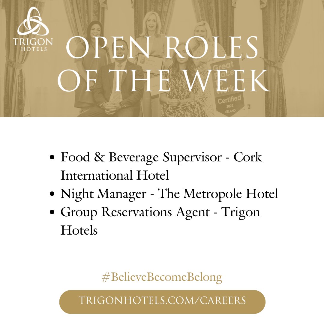 TrigonHotels's tweet photo. Join Our Team!
Here are some of the exciting opportunities currently available in #TrigonHotels

➡️ Group Reservations Agent
➡️ Night Manager @MetropoleCork 
➡️ Food &amp; Beverage Supervisor @No1CorkHotel 

Explore: https://t.co/AXmC5t2FfE

#Hiring #Hospitality #HotelLife #JobsCork https://t.co/z0Mqs6e51L