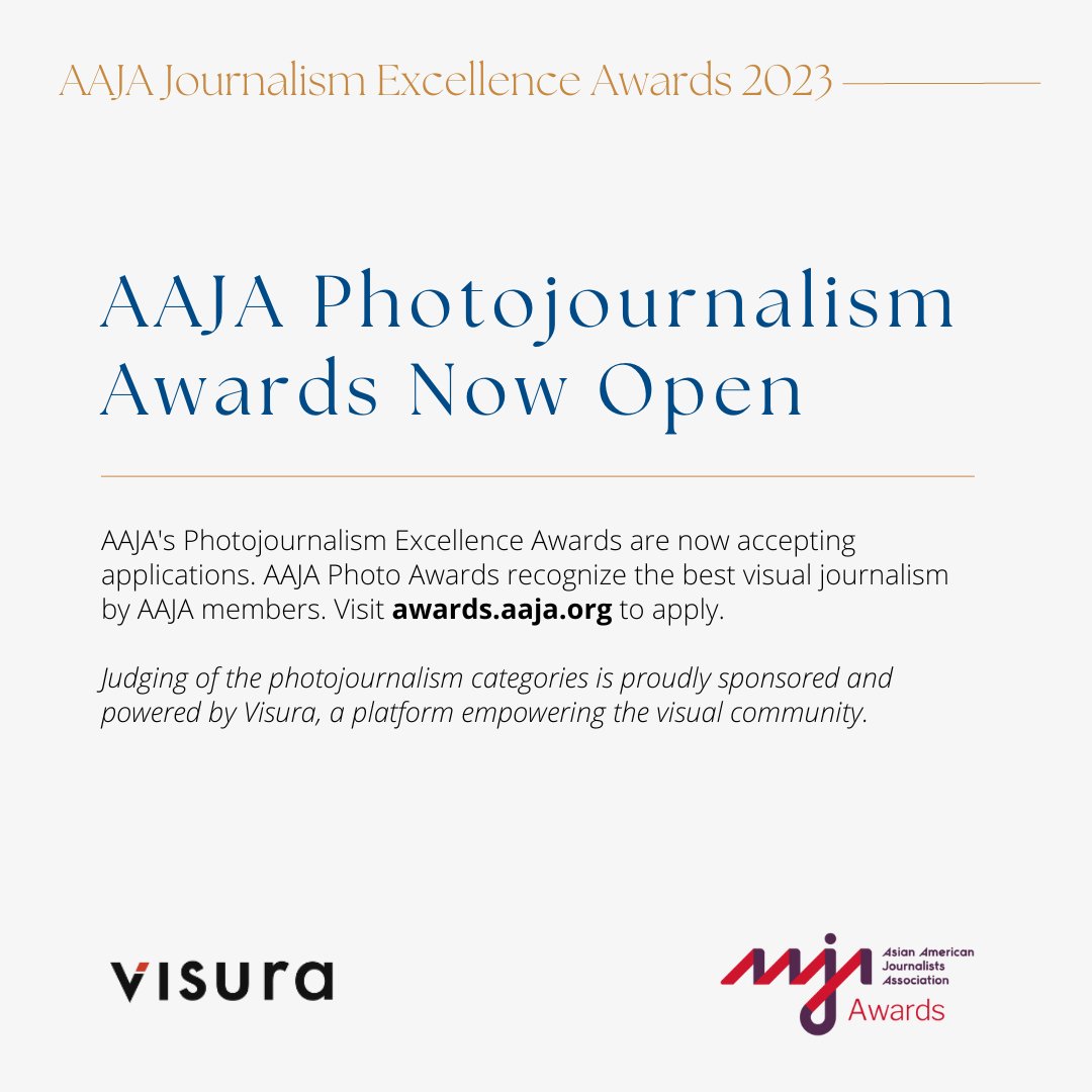 📸 AAJA's Photojournalism Excellence Awards (<a href="/AAJAphoto/">AAJA Photographers</a>) are now open for submissions! Judging of the photojournalism categories is proudly sponsored and powered by <a href="/visuramedia/">Visura</a>, a platform empowering the visual community. Apply at awards.aaja.org by Tuesday, Feb. 28.