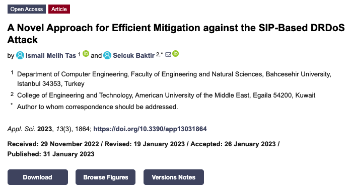 artinscience's tweet photo. 1/6 Exciting news! Our academic article "A Novel Approach for Efficient Mitigation against the SIP-Based DRDoS Attack" has been published in MDPI's @Applsci journal. Read it now at https://t.co/2tXBomShmb  #Cybersecurity #DRDoS #Mitigation #VoIP #openaccess https://t.co/j9BS79pl9O