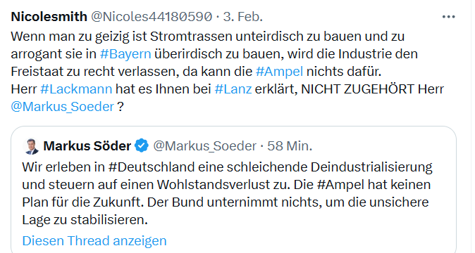 Nicoles44180590's tweet photo. Das #Bayern kein attraktiver Standort für Unternehmen ist, wundert doch niemand mehr.
#Soeder will keine Stromtrassen bauen und lässt andere den Transport zahlen. Folge Abwanderung der Industrie hausgemachtes Problem.
#Lackmann hat es bei #Lanz erläutert jetzt jammert er https://t.co/IeiEyeqv4f