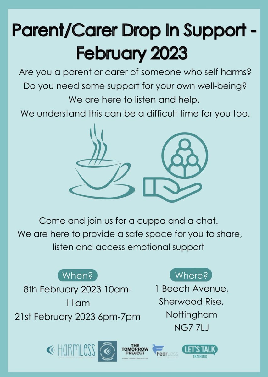 Our parent/carers drop-in support dates for Feb are here!

08/02/2023 10-11
21/02/2023 6-7

These are specifically designed to support parents/carers of those who self-harm up to the age of 25. 
 
These drop-ins are in-person at our Notts office in New Basford, full details below