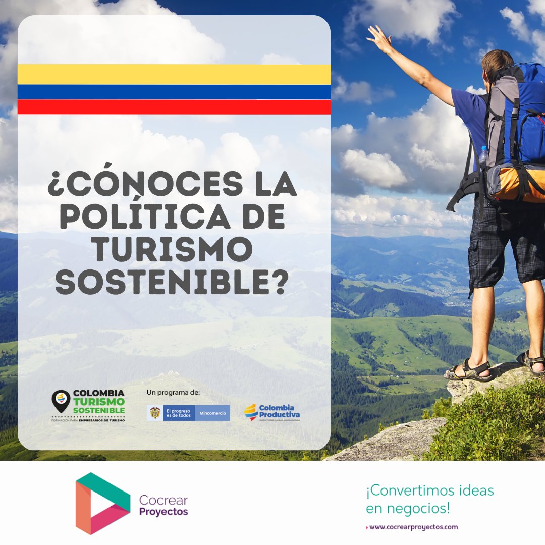 CocrearP's tweet photo. Conoce la política de #TurismoSostenible y accede a la plataforma e-learning para apropiar conocimiento y buenas prácticas ambientales para elevar la productividad, rentabilidad y eficiencia del sector, con el objetivo de atraer más viajeros al país @MincomercioCo @Col_Productiva https://t.co/kWlmRAWQUs