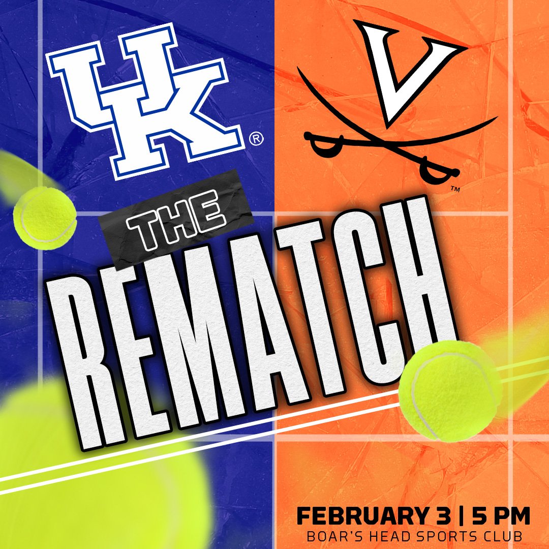 UKMensTennis's tweet photo. Kentucky. Virginia. 

It's time for 𝐓𝐡𝐞 𝐑𝐞𝐦𝐚𝐭𝐜𝐡. 

⏰ 5 p.m. 
📌 Boar's Head Sports Club
📊 https://t.co/oJ57VN4WE2
📺 https://t.co/eo0HclD1ws

#WeAreUK 🔵😺🎾 https://t.co/VI0JY85ppb