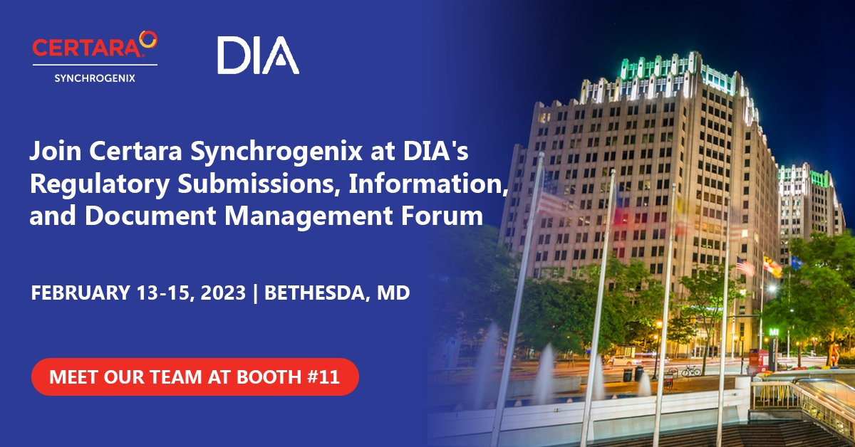 Certara's tweet photo. Want to learn more about practical regulatory information management approaches? Don't miss the opportunity to connect with Certara @Synchrogenix regulatory experts at booth #11 during the #DIARSIDM Forum from Feb. 13-15.
Register now π https://t.co/6iuVQ3AAdb https://t.co/4TtLInSW6E