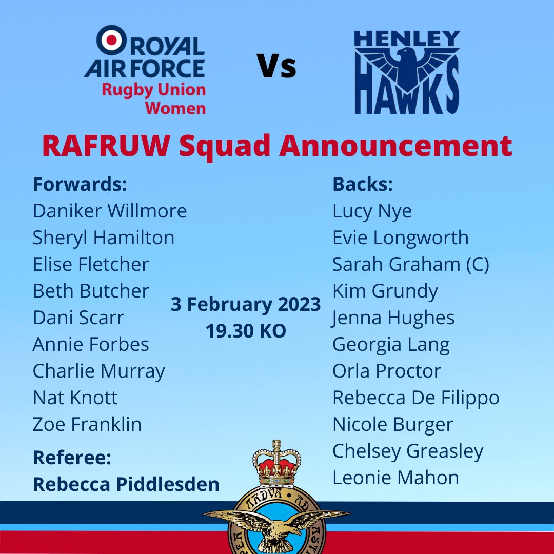 RAF Rugby Union Women (@rafru_women) on Twitter photo The <a href="/RAFRugbyUnion/">RAF Rugby Union</a> women will be playing <a href="/HenleyHawksWome/">HenleyHawksWomen</a> tonight
📍 <a href="/HenleyHawks/">Henley Hawks Rugby</a>
📆 3 February 2023
⏰ KO 19.30
Admission to the grounds is free to watch 🏉
#NoOrdinaryJob <a href="/HQRAFSport/">RAFSport</a> @RAFNewsSport <a href="/RAFEngineering/">RAF Engineering</a> <a href="/RAF__Police/">Provost Marshal (RAF)/Cdr ASF</a> <a href="/RAF_Logistics/">RAF Logistics</a> <a href="/RAFRURS/">RAF Rugby Union Referees</a> The <a href="/RAFRugbyUnion/">RAF Rugby Union</a> women will be playing <a href="/HenleyHawksWome/">HenleyHawksWomen</a> tonight
📍 <a href="/HenleyHawks/">Henley Hawks Rugby</a>
📆 3 February 2023
⏰ KO 19.30
Admission to the grounds is free to watch 🏉
#NoOrdinaryJob <a href="/HQRAFSport/">RAFSport</a> @RAFNewsSport <a href="/RAFEngineering/">RAF Engineering</a> <a href="/RAF__Police/">Provost Marshal (RAF)/Cdr ASF</a> <a href="/RAF_Logistics/">RAF Logistics</a> <a href="/RAFRURS/">RAF Rugby Union Referees</a>
