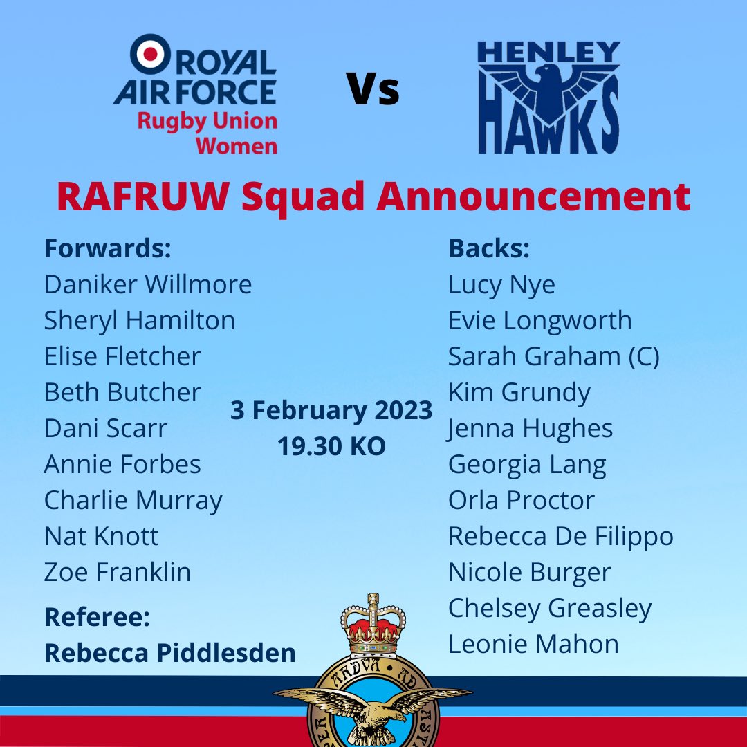 The @RAFRugbyUnion women will be playing @HenleyHawksWome tonight 📍 @HenleyHawks 📆 3 February 2023 ⏰ KO 19.30 Admission to the grounds is free to watch 🏉 #NoOrdinaryJob @HQRAFSport @RAFNewsSport @RAFEngineering @RAF__Police @RAF_Logistics @RAFRURS