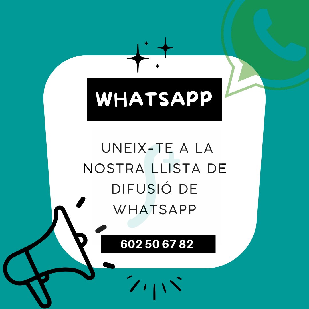 🗣️ UNEIX-TE A LA LLISTA DE DIFUSIÓ DE SUMA’T❗

📱 Si vols conéixer de primera mà quines són les nostres propostes d'ara endavant, agrega'ns al teu Whatsapp.
👉🏻Guarda aquest número de telèfon en la teua agenda (602.50.67.82) i envia'ns un WhatsApp amb la paraula "Hola".