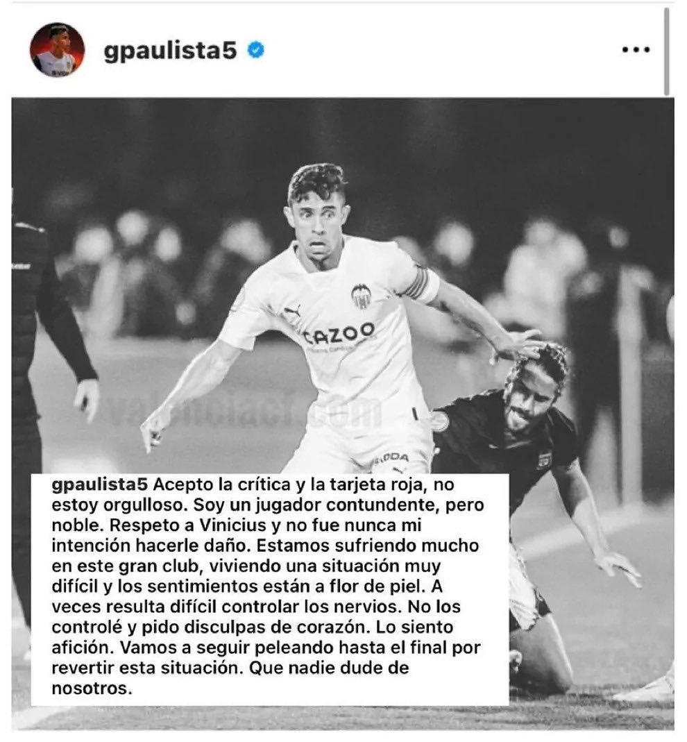Gabriel Paulista pide perdón sin excusas y sin malmeter contra Vinicius. Le honra el gesto que otros no han sabido tener.