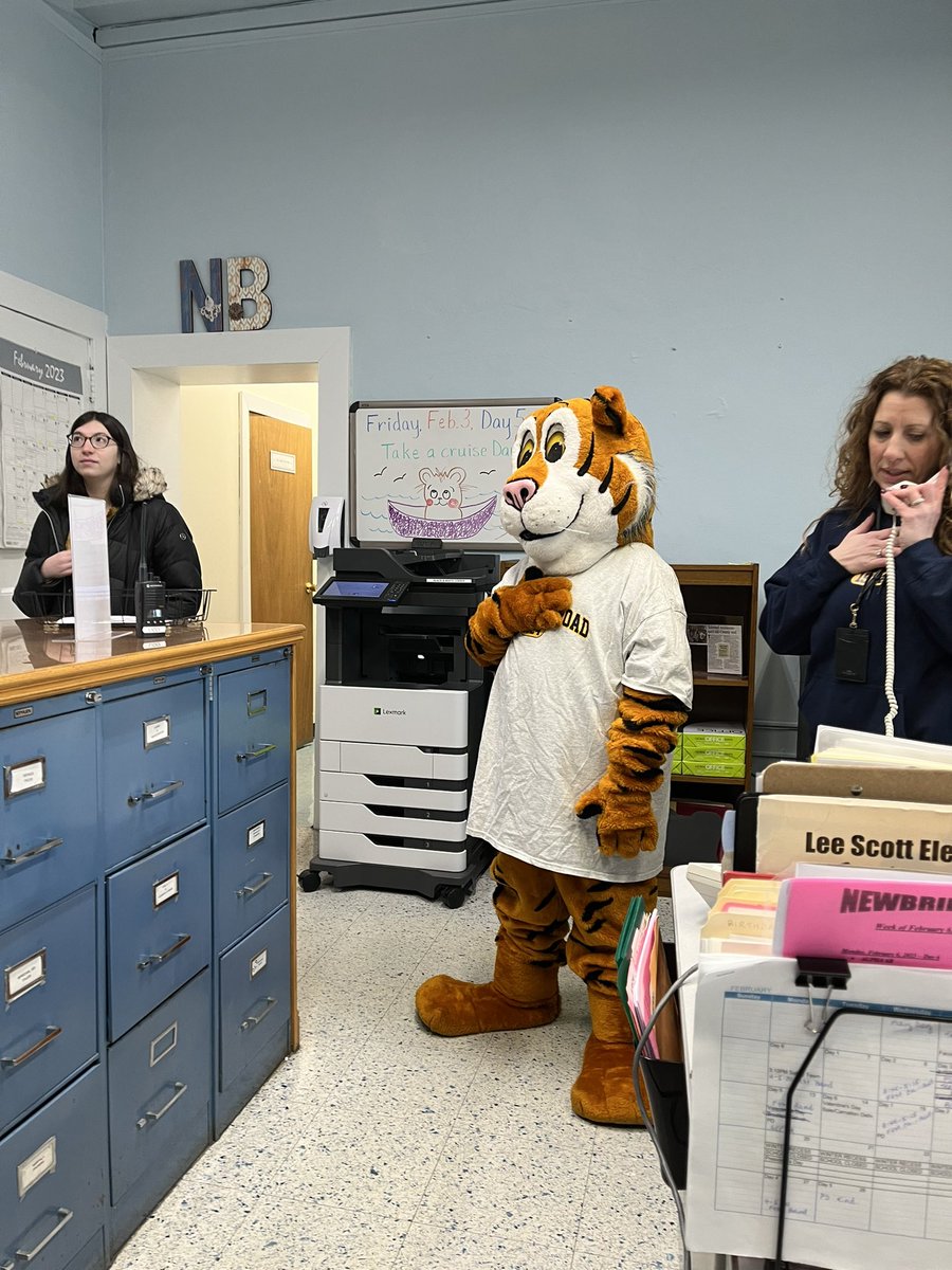 NbrPrincipal's tweet photo. Newbridge Day starts with a visit from Thunder the Tiger leading the Pledge of Allegiance. Then Thunder welcomed everyone into the spirit assembly. https://t.co/44LB1JIC3x