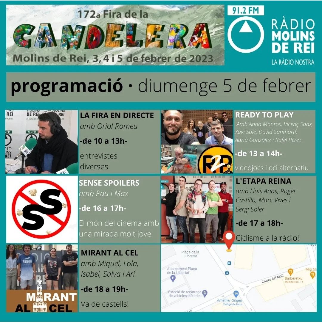 Aquest diumenge farem el programa des de l'estand de <a href="/Radiomolins/">Ràdio Molins de Rei</a> Podeu passar a saludar-nos de 18 a 19h,(és gratis i a aquella hora ja us ho haureu gastat tot 😉).
Molt bona fira a tothom! #FiraCandelera