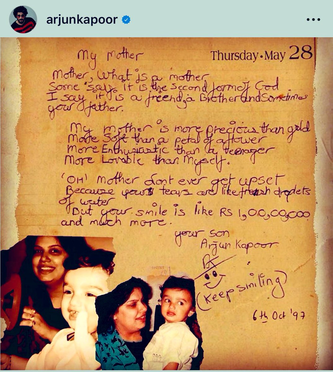 ArjunKapoorCafe's tweet photo. @ieEntertainment Yes 😍most endearing☺️ this handwritten note of a 12 year old boy is filled with lot of care &amp; love &amp; worry in that tender heart abt his Mother 💙✨How Sweet 🥰
#ArjunKapoor s caption is heart touching 💖 it’s filled with lot of Pure Love ❤️He promised to make his Mother proud https://t.co/o3qMVbxrQm