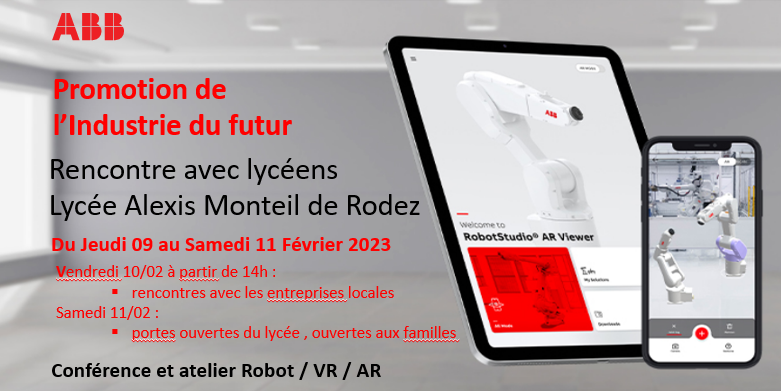 phhe481's tweet photo. Journées d’échanges autour des métiers de la #robotique industrielle. 
ABB #robot, #CRB1500,#RéalitéVirtuelle,#RéalitéAugmentée
#education #orientation #BTSCRSA #cmq @LyceeMonteil  
@dept_aveyron @actoulouse  @Occitanie     @MecanicVallee @campus_indfutur https://t.co/3t99M1Xuaz