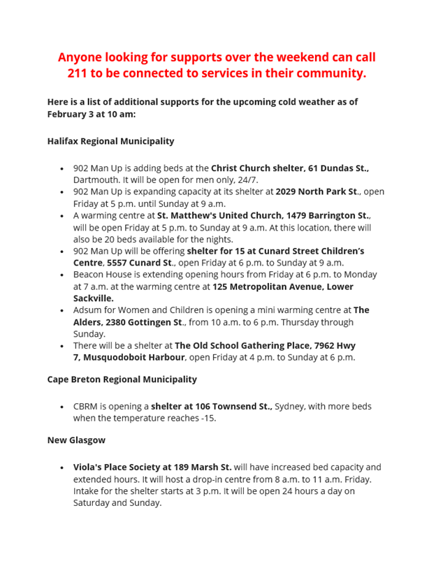 NS_OSD's tweet photo. Here is the updated list of available supports during the extreme cold weather for people experiencing homelessness. The following thread lists out these options for accessibility. Anyone can call @211NS  to be connected to available resources in their community. https://t.co/YzSUXPDRfr