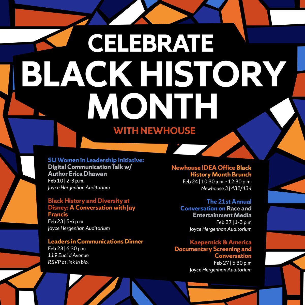 rockellabb's tweet photo. The Office of Inclusivity Diversity Equity and Accessibility at S.I. Newhouse School of Public Communications at Syracuse University invite you to join us as we celebrate Black History Month and our very own #NewhouseBlackHistoryMakers! We are excited about our upcoming events! https://t.co/Mg9jb89gmW