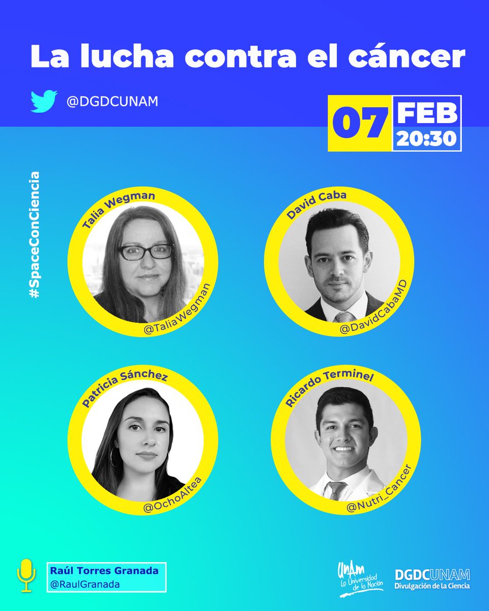 DGDCUNAM's tweet photo. #SpaceConCiencia🎙️ se une a la lucha contra el cáncer en una emisión especial.

Recibimos a @TaliaWegman, @DavidCabaMD, @Nutri_Cancer y @OchoAltea en una plática con @RaulGranada desde la investigación, la tanatología y la nutrición.

¡Acompáñanos!
👉https://t.co/t6h19dxclL https://t.co/3vt9kH4ZWv