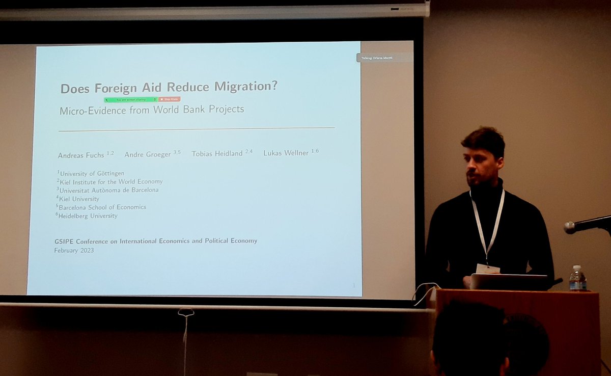 Lukas Wellner breaks the ice showing how foreign aid from World Bank Projects reduces international migration preferences 
#GSIPEConf #Brandeis