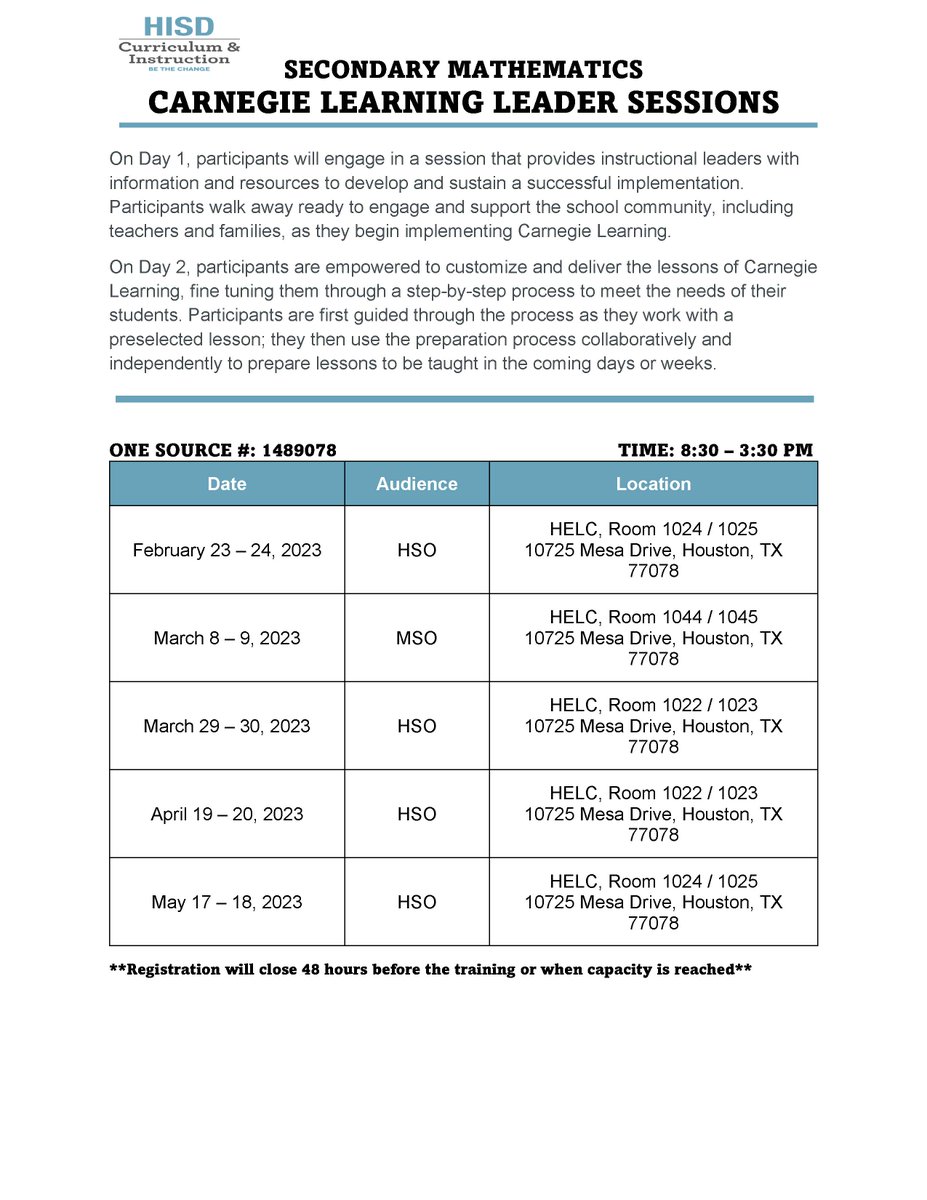 HISD Sec Math Team (@hisd_secmath) on Twitter photo ATTN: <a href="/HISD_SecMath/">HISD Sec Math Team</a> Non-Pilot Campus Leaders! Register today for our upcoming Carnegie Learning Leader Sessions. First session is February 23-24. <a href="/ladykrc/">Katrina Cushenberry, Ed.D.</a> @HISDMiddleSchls <a href="/CMtzHTX/">CMartinez</a> <a href="/HISDHighSchools/">HISDHighSchools</a> <a href="/csmith4_smith/">Connie Smith</a> <a href="/RahsheneDavis/">PGCPS Chief of Schools</a> ATTN: <a href="/HISD_SecMath/">HISD Sec Math Team</a> Non-Pilot Campus Leaders! Register today for our upcoming Carnegie Learning Leader Sessions. First session is February 23-24. <a href="/ladykrc/">Katrina Cushenberry, Ed.D.</a> @HISDMiddleSchls <a href="/CMtzHTX/">CMartinez</a> <a href="/HISDHighSchools/">HISDHighSchools</a> <a href="/csmith4_smith/">Connie Smith</a> <a href="/RahsheneDavis/">PGCPS Chief of Schools</a>