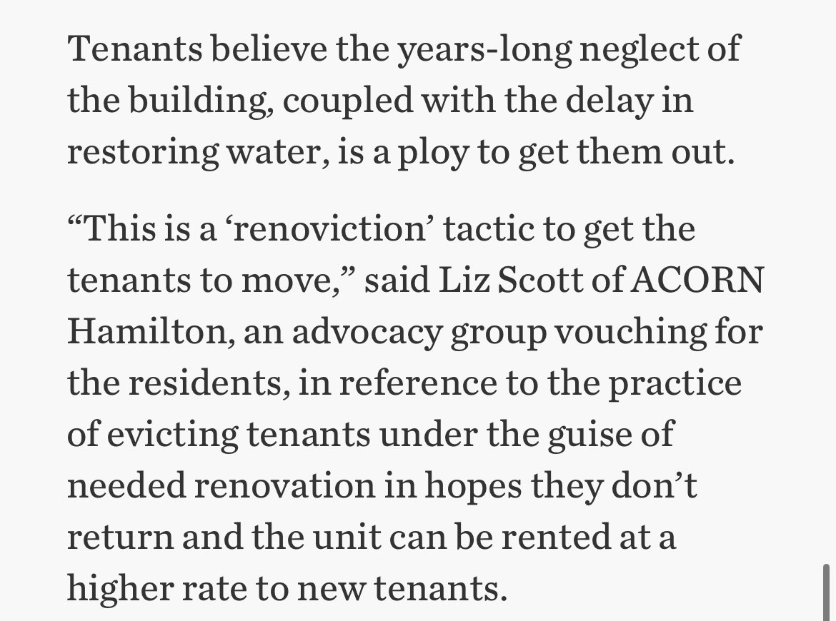 AcornHamilton's tweet photo. “Tenants believe the years-long neglect of the building, coupled with the delay in restoring water, is a ploy to get them out.
“This is a ‘renoviction’ tactic to get the tenants to move,” said Liz Scott of ACORN Hamilton” #HamOnt

@TheSpec @sebibron https://t.co/USK41PADmG https://t.co/RdCXJ4WEVz