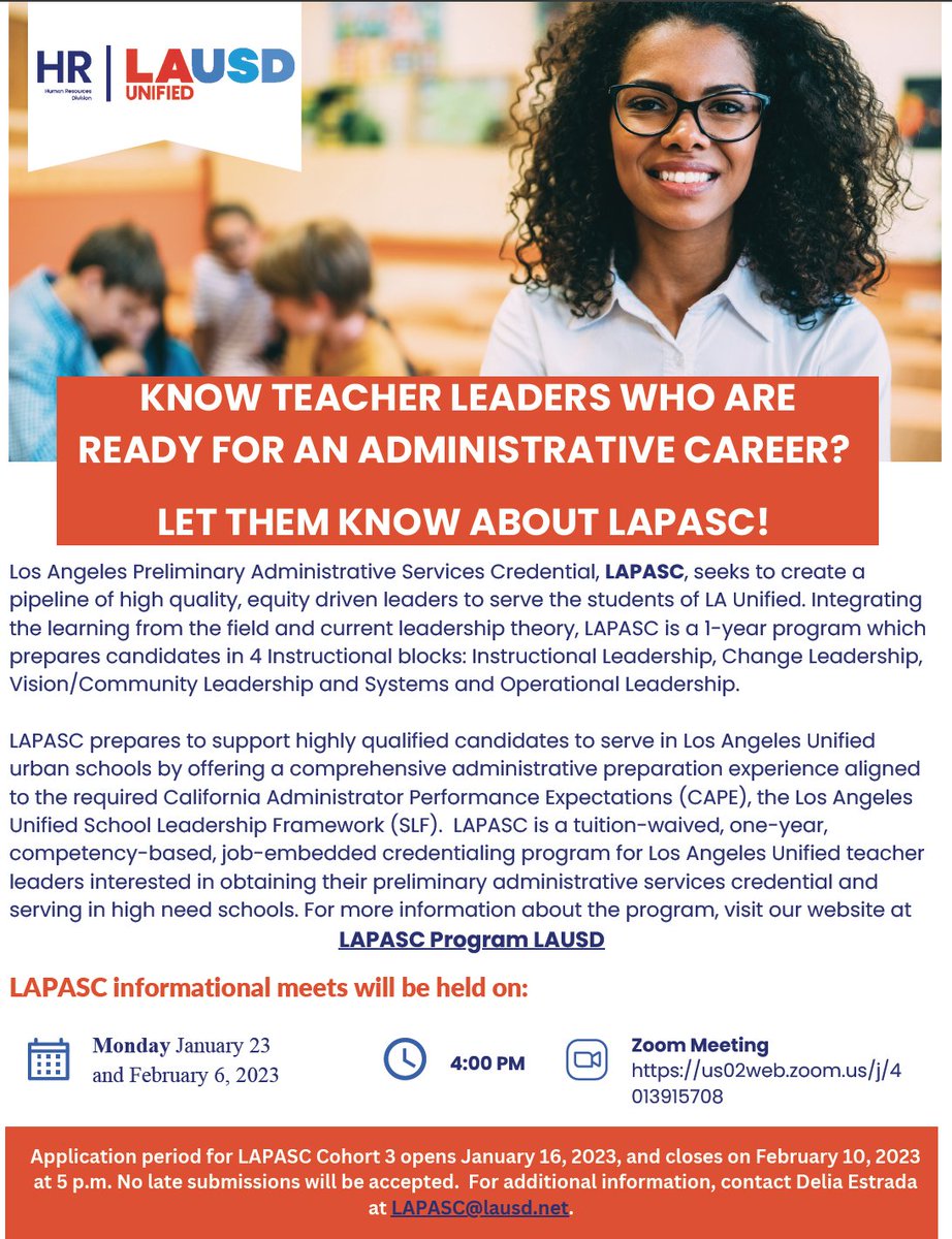 <a href="/LASchools/">Los Angeles Unified</a> Teachers, are you interested in a tuition-waived Prelim Admin Services Credential? There is 1-week left to apply to our <a href="/LAUSDHR/">@LAUSDHR</a> LAPASC program. Info session on 2/6. See flyer for details.
<a href="/LAschoolsSouth/">Region South</a> <a href="/LASchoolsEast/">LAUSD Region East</a> <a href="/LASchoolsNorth/">LAUSD Region North</a> <a href="/LASchoolsWest/">LAUSD Region West</a> <a href="/LAUSDSup/">Alberto M. Carvalho</a>