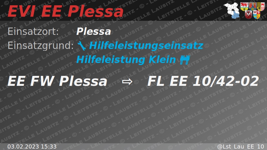 🚨 03.02.2023 15:33 🔧 🚧 H:Klein 🌐 Plessa 🚒 ⇨ FW Plessa wachalarm.leitstelle-lausitz.de/dbrd/0bf7c465-…