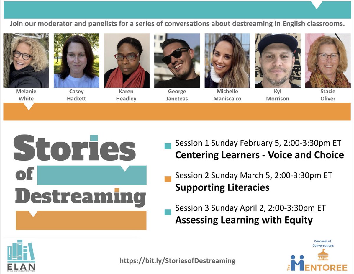 Last call for tomorrow's first "Stories of Destreaming" discussion w/<a href="/TheMentoree/">The Mentoree</a>! The panel is ready to discuss, "Centering Learners - Voice and Choice". Head over to Eventbrite to get your tickets now! #ELANdestreams elanontario.com/events/
