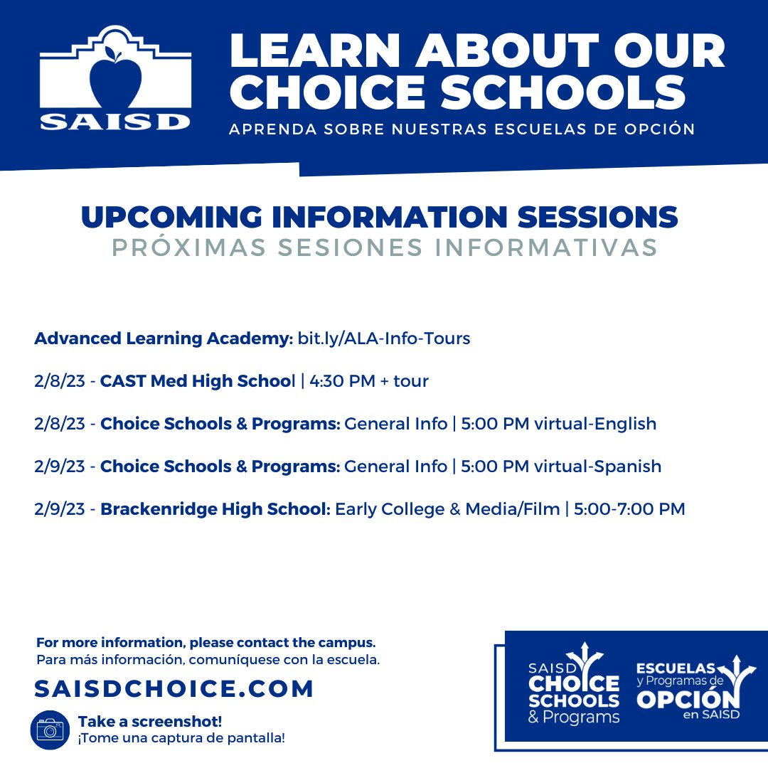 SAISD_Enroll's tweet photo. 🏫 This week's Choice School Info Sessions!
👉 Details for each school at https://t.co/eqS9Zty5GI

¡Sesiones de info para Escuelas de Opción esta semana!
👉Detalles para cada escuela en https://t.co/PxEgxGnxOm

@SAISD    #SAISDChoice   #SAISDFamilia https://t.co/cowMGTSsBl