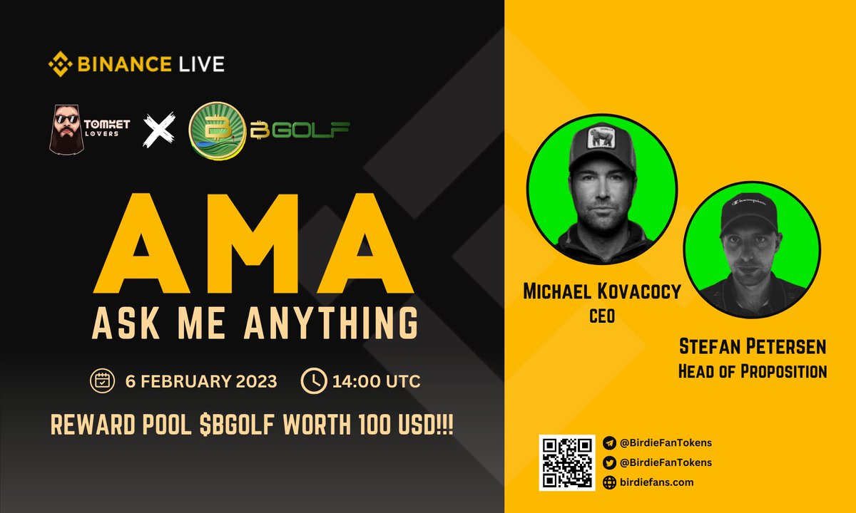 We will be holding an AMA with

Birdie Fan Tokens will hold an Live AMA at Binance Live Tomket Community 
AMA Timing : 6 Feb || 14.00 UTC
Reward : 
$BGOLF worth of 100$

t.me/tomketloversre…

#AMA #BinanceLive
