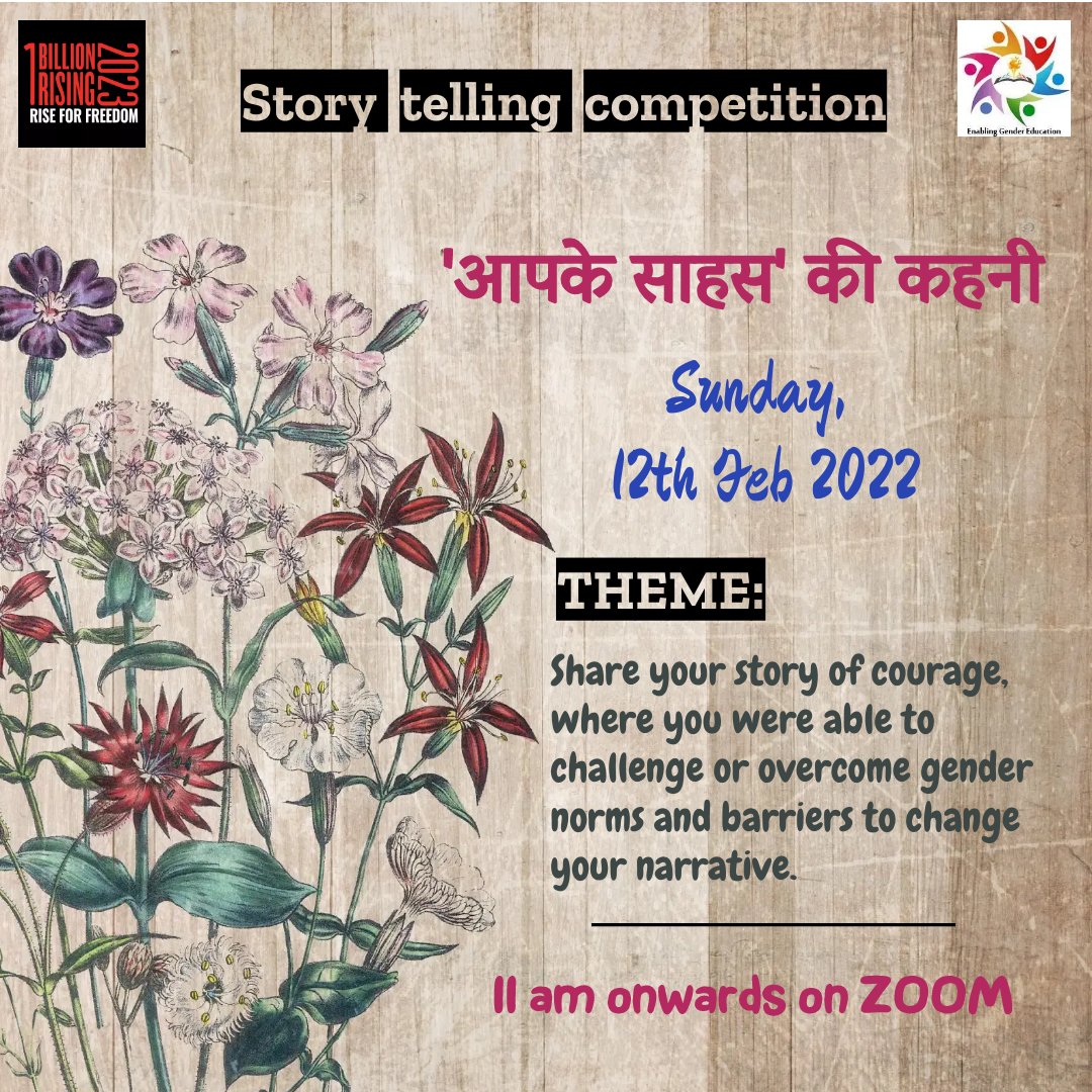 We are SO excited to share that we are organising a Storytelling competition as part of #1BillionRising to celebrate stories of Sahas  on 12th Feb, Sunday at 11am on zoom .

#riseforfreedom #vday #riseinsolidarity #untiltheviolencestops