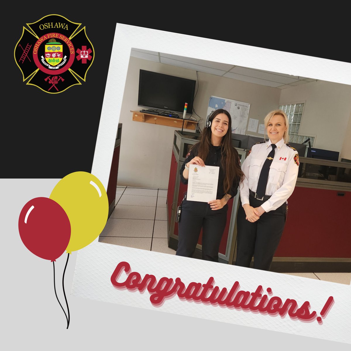 OshawaFire's tweet photo. Our City is the Best!!!   Marcela was happy to receive a letter of congratulations from the Mayor on becoming a full-time Dispatcher with Oshawa Fire!  

@oshawacity 
@DanCarterOshawa 
@iafflocal465 
#appreciationcounts
#FireDispatchFriday https://t.co/NeEbReVOcg