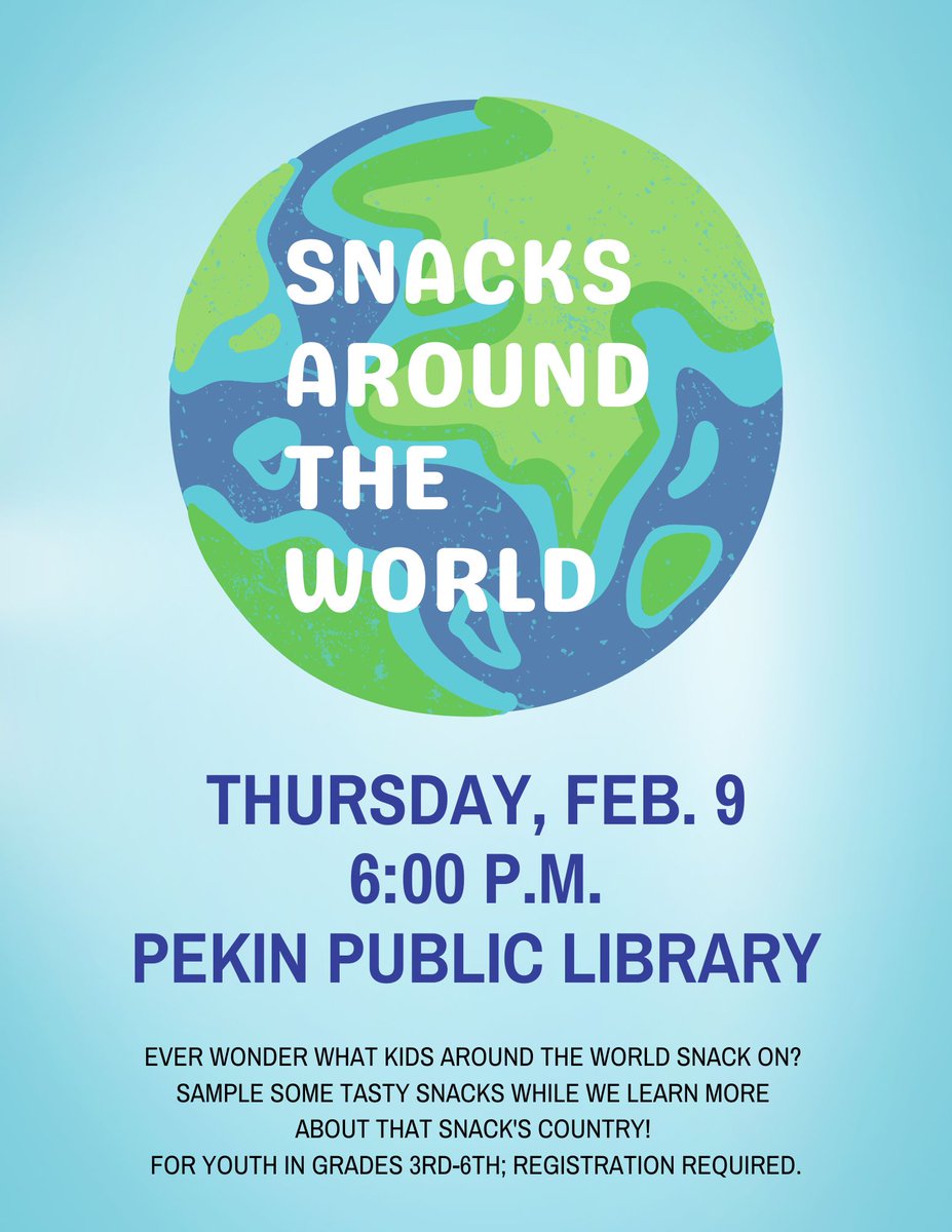 What do kids around the world snack on? Bring your kids to our 'Snacks Around the World' activity and sample some tasty snacks while we learn more about that snack's country! 

*Grades 3rd-6th; Please register on our online event calendar!