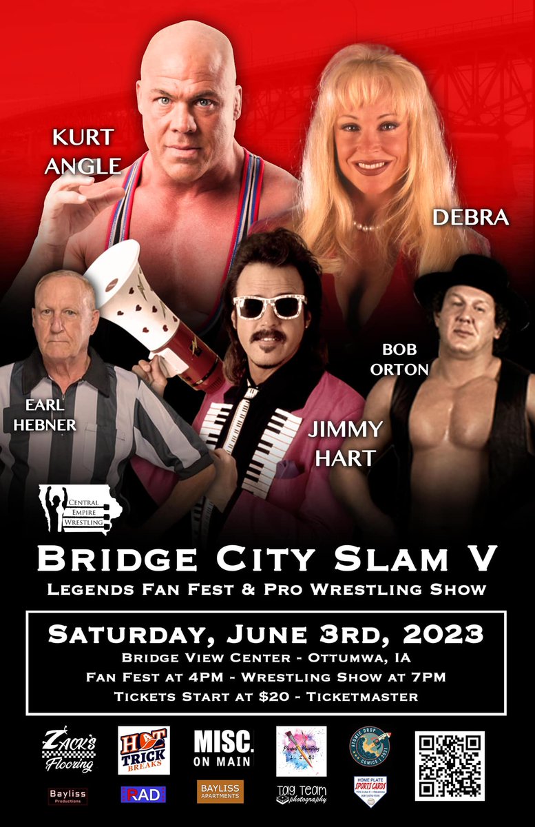 Tickets for Bridge City Slam are on sale now! See legends such as <a href="/WWEDivaDebra/">Debra McMichael (Debra Marshall)</a> <a href="/RealJimmyHart/">Real Jimmy Hart</a> <a href="/RealKurtAngle/">Kurt Angle</a> <a href="/earlhebner17/">Earl Hebner</a> Bob Orton, Plus many stars from CEW!

Ticket Link: bit.ly/3HhqKXo