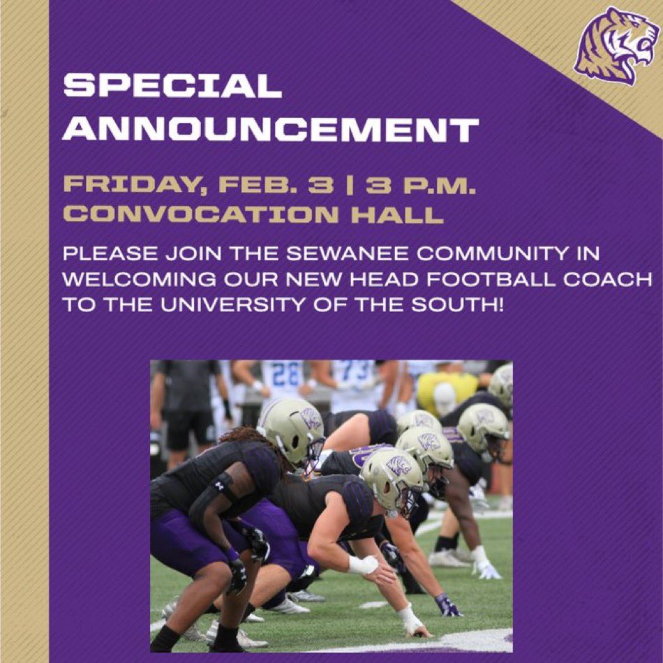 TODAY AT 3 p.m. | Join us in Convocation Hall as we welcome Sewanee's 32nd head football coach! For those unable to attend today's event, sign up here: bit.ly/40vetro #YSR