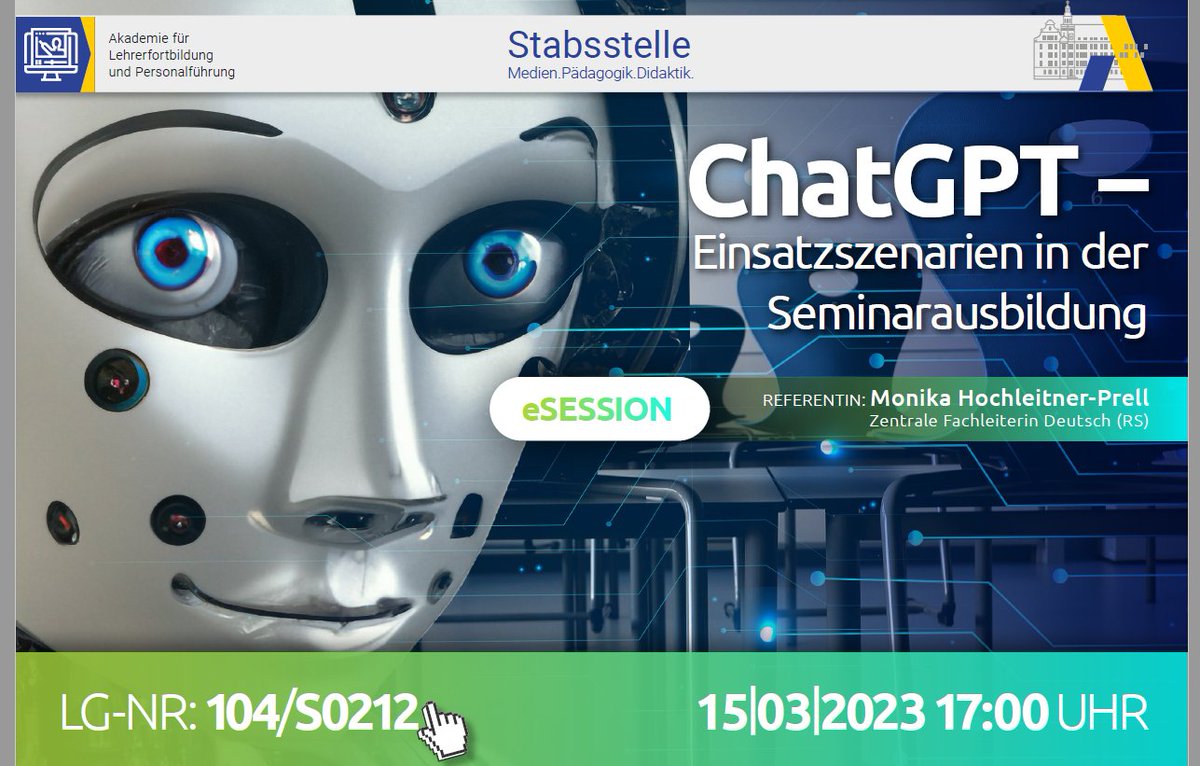 Stabsstelle_ALP's tweet photo. Einsatzmöglichkeiten von #KI und #ChatGPT stellt @MonikaPrell für Seminarlehrkräfte am 15.3. vor. An Beispielen aus dem Fach Deutsch werden Ideen für alle Fächer entwickelt.
Hier anmelden:👉https://t.co/64s605fxdC
#twlz #BayernEdu @mebis_Bayern #Seminar #Referendariat #DiBiS https://t.co/VShFodzS90