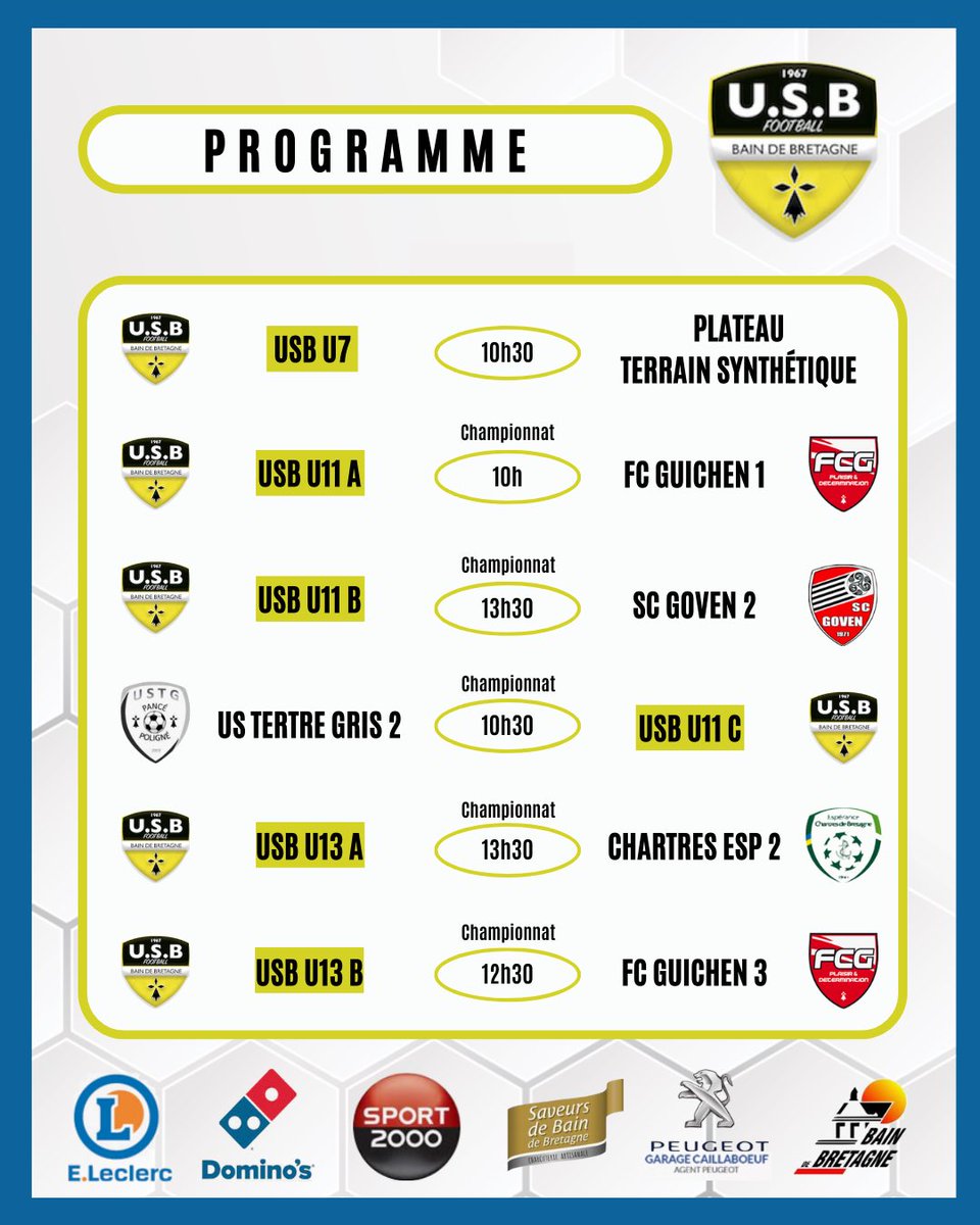 usbainfoot's tweet photo. [PROGRAMME] Jeunes 👊

Le programme des jeunes du 04/02 ! 

#allezusb 🟡⚫️💪 https://t.co/cJyjkkGeJL