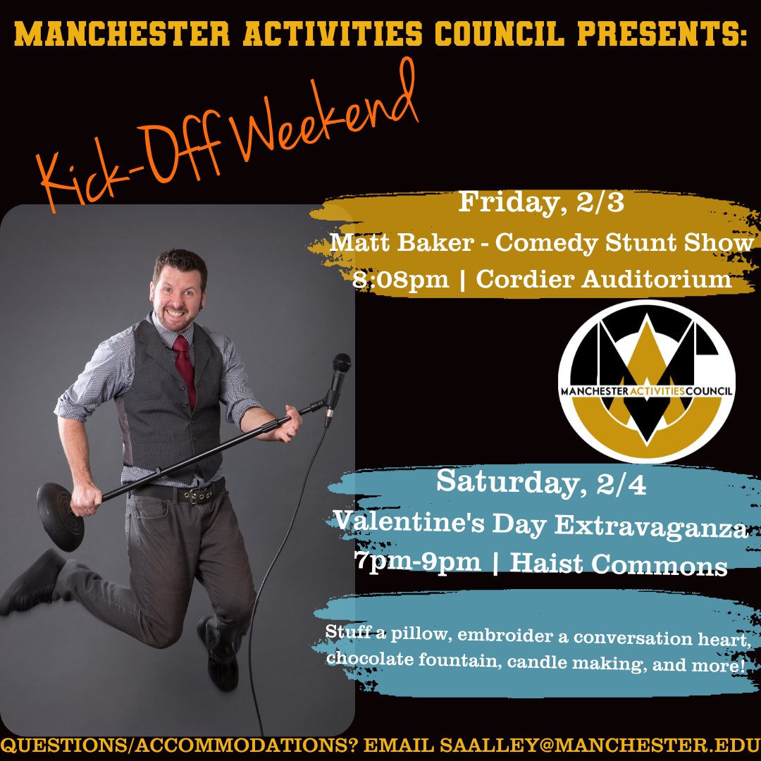 ManchesterActCo's tweet photo. It's the return of the MAC! Join us TONIGHT at 8:08 in Cordier Auditorium for a Comedy Stunt Show! Love is in the air TOMORROW from 7p-9p in Haist Commons during our Valentine's Day Extravaganza! See you there! #ManchesterUniv #ManchesterActCo https://t.co/UKCWr8Tv0L