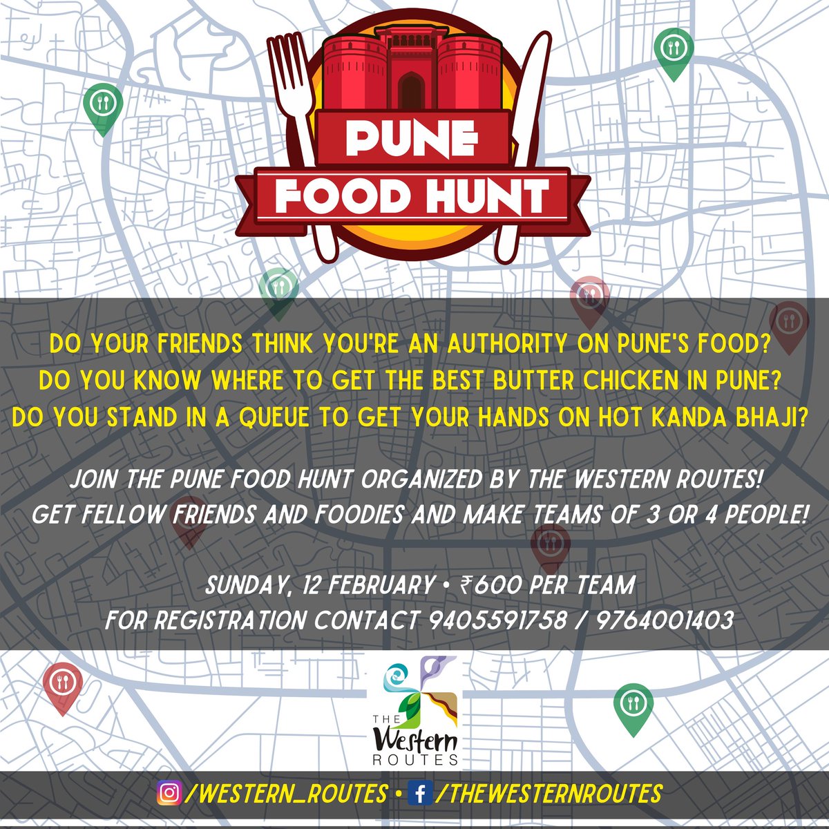 jayeshparanjape's tweet photo. PUNE FOOD HUNT 
Sunday, 12 February 
The PFH is a ‘food’ treasure hunt where participants have to form teams of 3-4 people and decipher clues, locate eating joints in the city, perform tasks and finish in 3 hours. 
Details &amp; Registrations
https://t.co/r7IuX3Eu6j

#pune https://t.co/27FAMIA8MD
