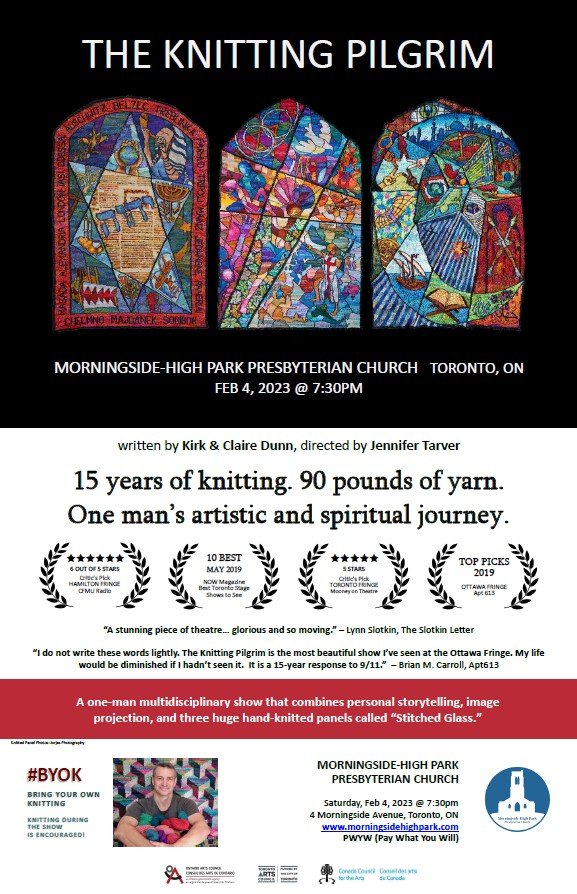 "The Knitting Pilgrim" by PGC members, Claire and Kirk Dunn, is a multidisciplinary one-man show that recounts a 15-year artistic and spiritual journey of hand-knitting. Opens on Feb 4th in Toronto. Find touring dates for Ontario and Australia here: bit.ly/3DdPVc9