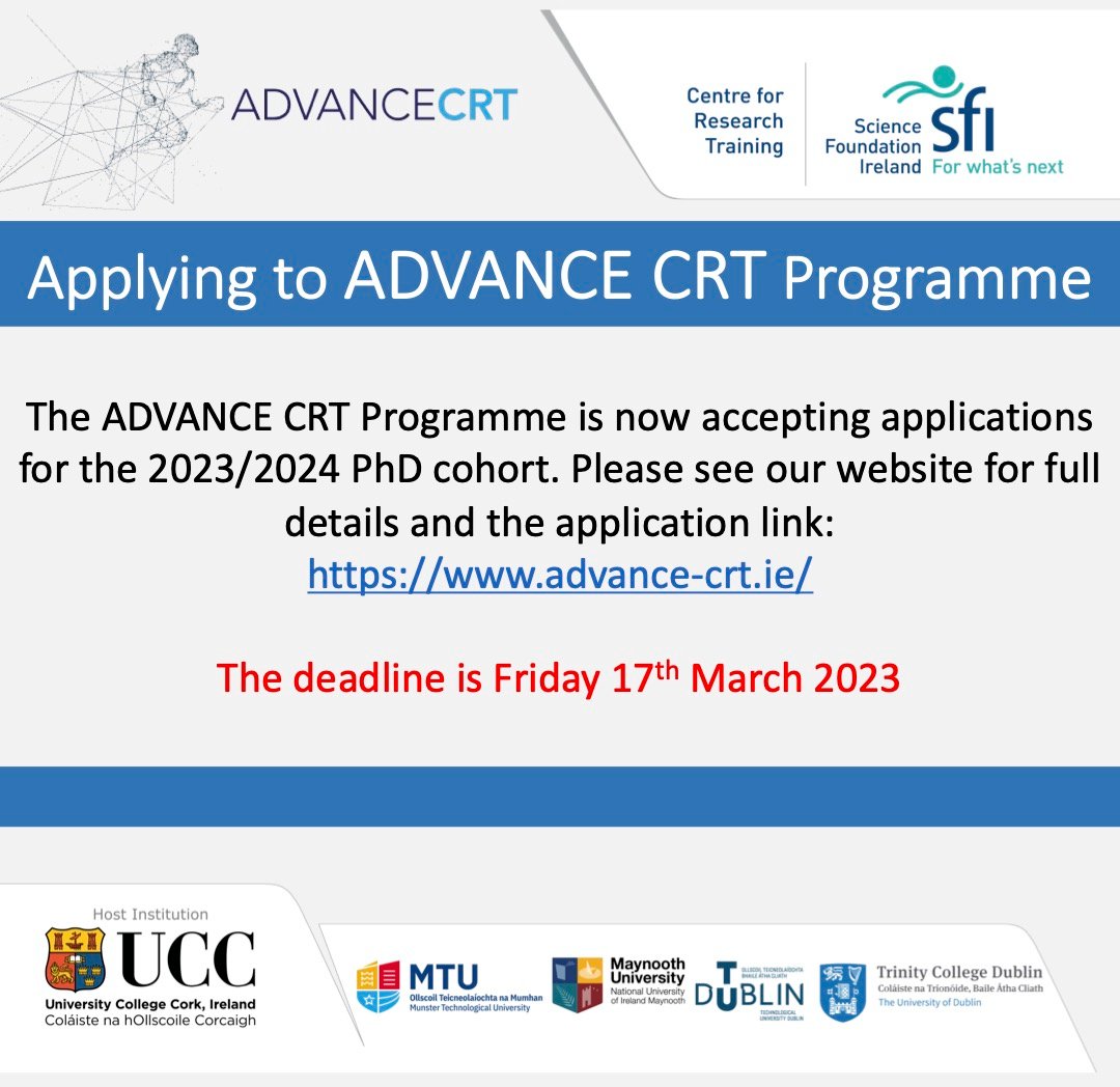 AdvanceCrt's tweet image. We are delighted to launch the recruitment call for the 2023/2024 cohort of  @scienceirel funded ADVANCE CRT students. See our website for further details: advance-crt.ie/apply/ DEADLINE: 17th March 2023. #PhD #Recruiting #ShapingOurFuture
