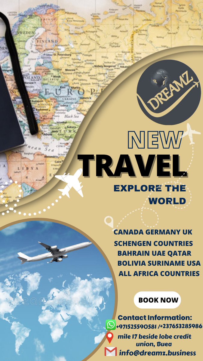 Have you been looking for an agency which is reliable and trustworthy, to handle your travel programs.
 You can  visit our office at Mile 17 Buea opposiite afrique con agencyy or contact us through  the contacts on this flyer
#traveltheworld 
#studyabroad 
#traveltocanada