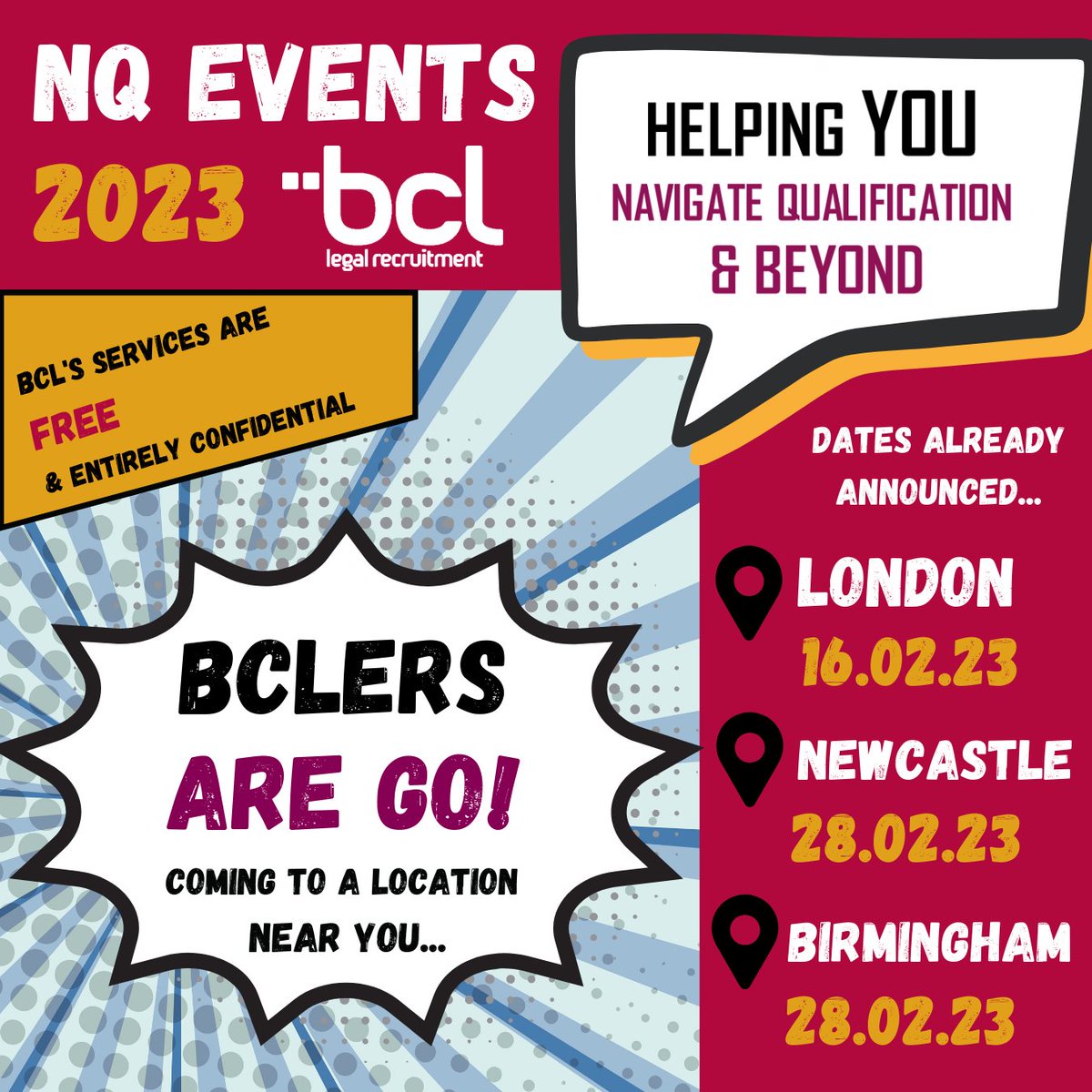 Our NQ Careers Roadshow has begun! Are you a trainee solicitor due to qualify in 2023? If so keep a look out for upcoming NQ event dates near you... More dates to be announced soon, including Nottingham &amp; Sheffield! #BCLersAreGo #NQCareersRoadshow #NQTalks2023 #LegalCareersAdvice