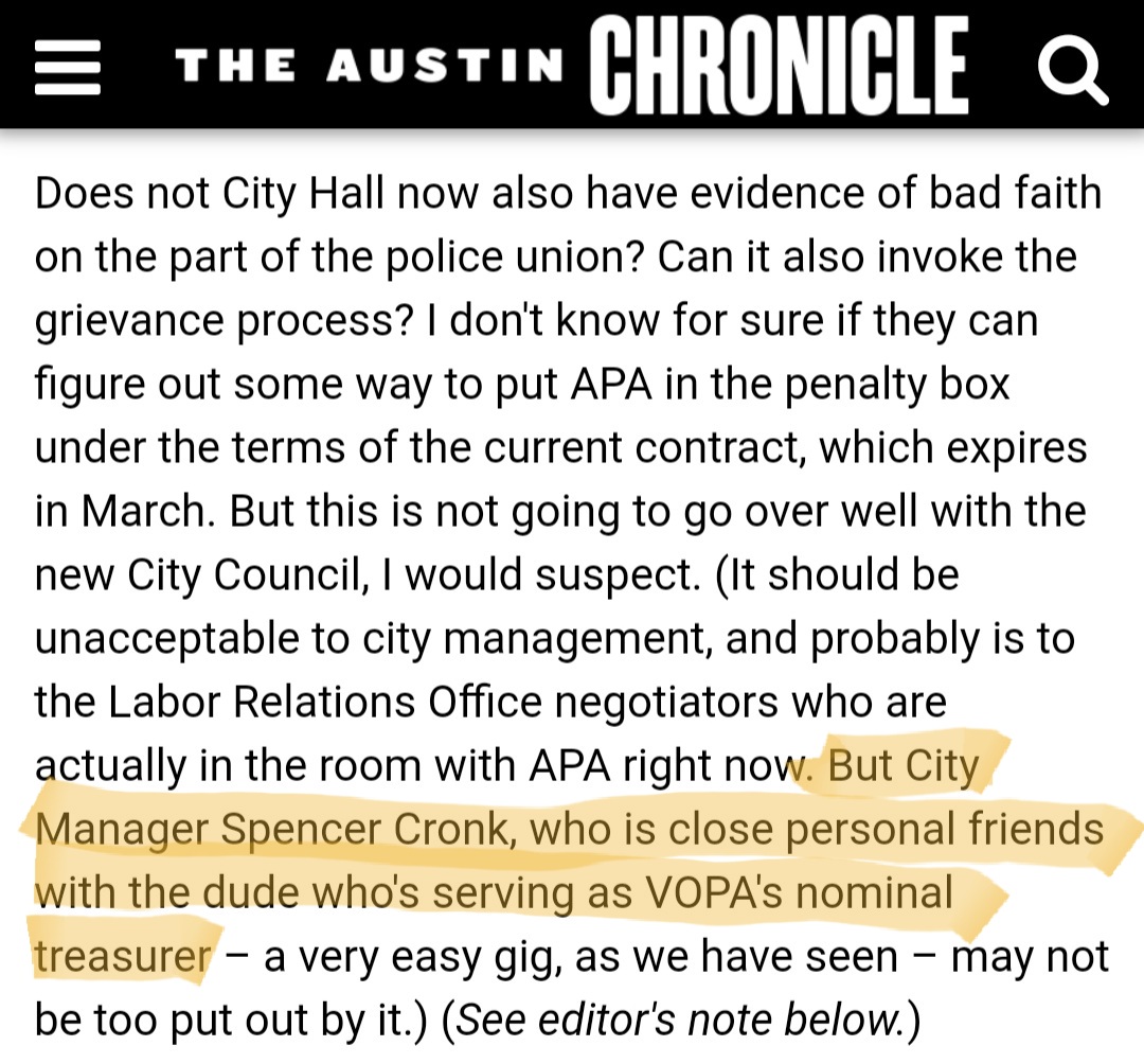 chrisharris101's tweet photo. 🗣 Austin Police contract update:

-public "negotiation" sessions have become a sham
-City Manager Cronk is on the same side as the Police Association
-Cronk is even linked to their fraud ballot petition
-the long-term deal he's negotiating will be bad on accountability &amp; dollars https://t.co/UctyXDtKbF