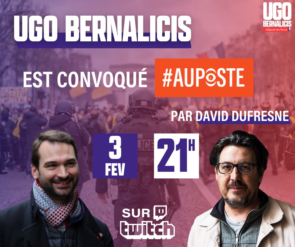 Ugobernalicis's tweet photo. 🔴Je suis convoqué #AuPoste ce soir à 21h sur la chaine Twitch de David Dufresne ! On échangera sur la Police judiciaire et les travaux de ma mission d'information.👋 https://t.co/m7CUVopezC