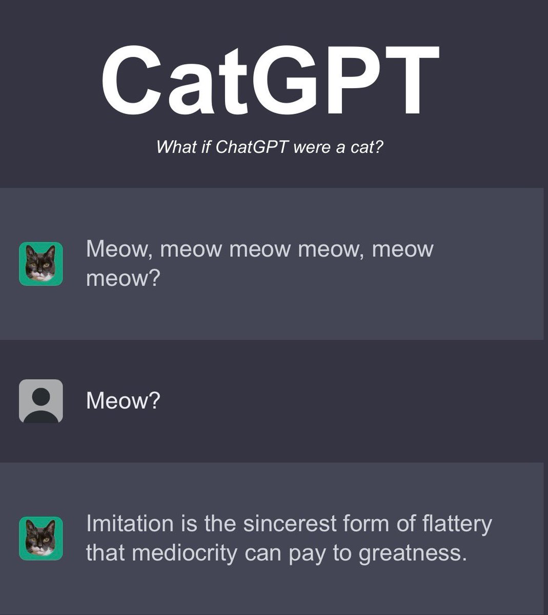 sky31337's tweet image. Breaking 🐈😂
#ChatGPT #CatGPT

catgpt.wvd.io