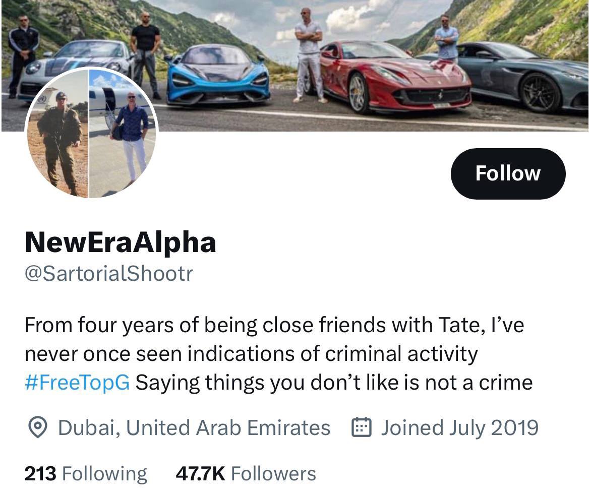 ShaykhSulaiman's tweet photo. Sartorial’s account has been reinstated on Twitter. But they removed the Shahadah.

What’s strange is they have NOT changed the bio back to what it was before Tate’s arrest.

So @ellagirwin can you explain the reason why someone is messing with his account &amp; why he’s locked out. https://t.co/NA7ylkLS3H
