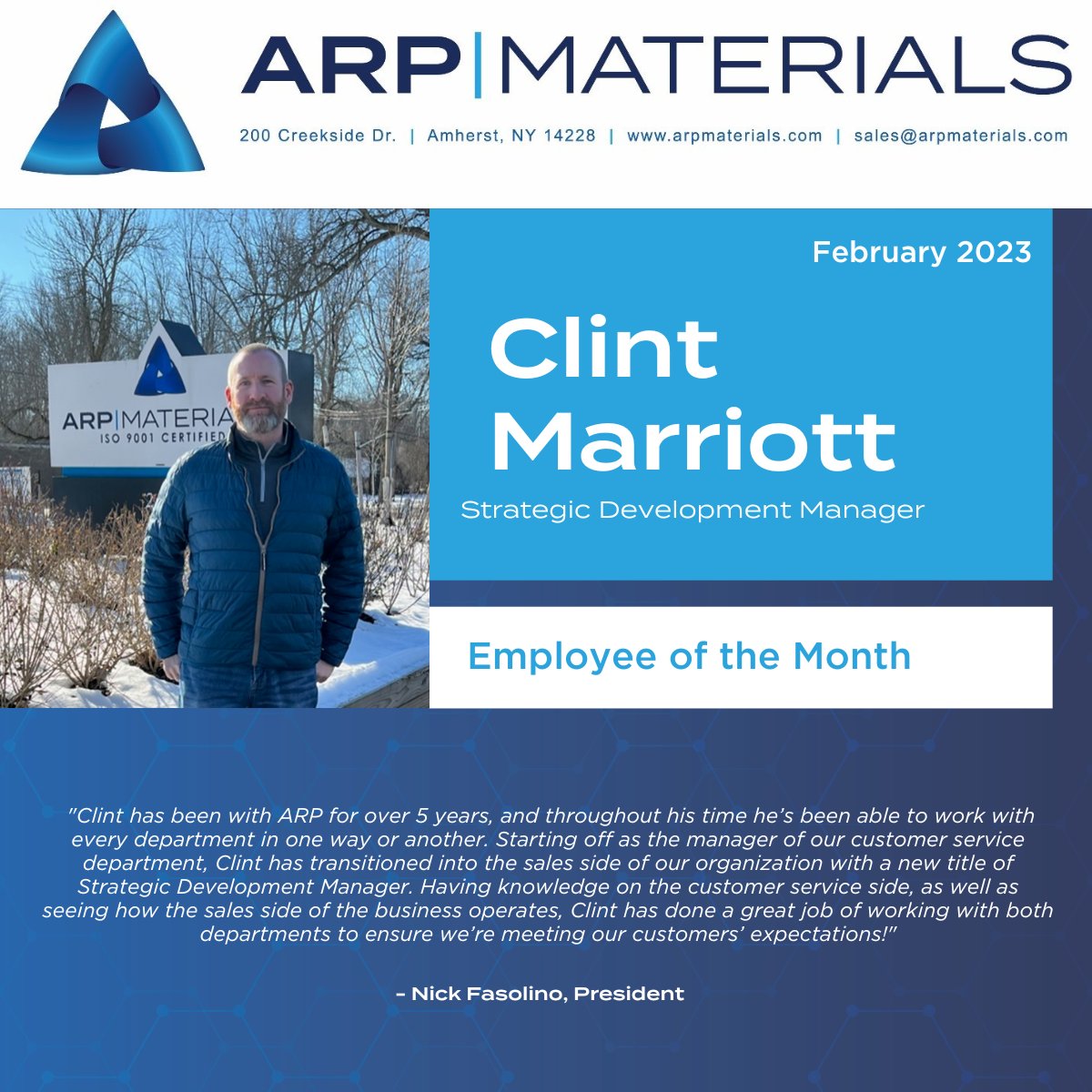 arp_materials's tweet photo. 🎇🎉🏆 Congratulations to Clint Marriott as our Employee of the Month for February! https://t.co/5ENYLeE7r0
