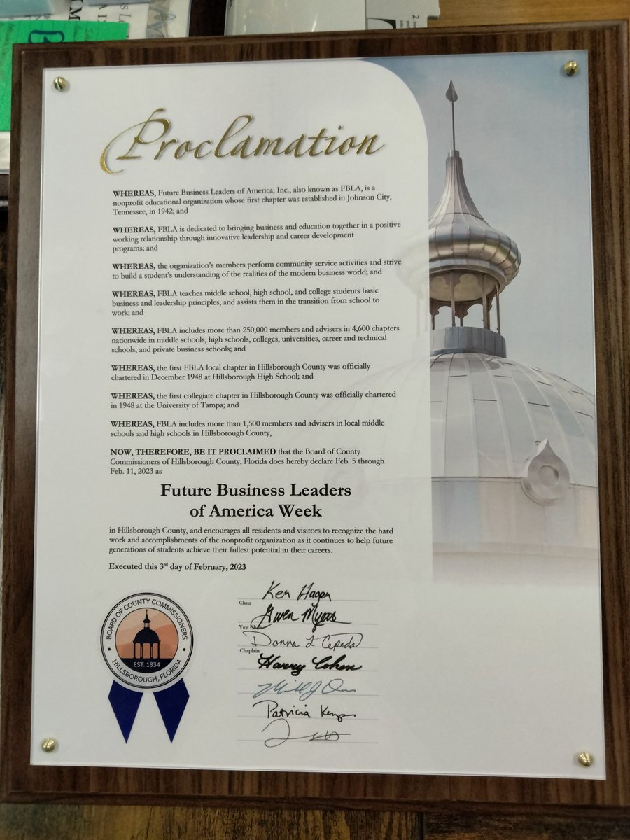 InstituteofBus5's tweet photo. Thank you to the Board of County Commissioners who has proclaimed that February 5-11, 2023 as FBLA Week in Hillsborough County. #FBLAWeek @HCPSCTAE @SDHC_FBLA @HillsboroughSch @HillsboroughFL @FloridaFBLA https://t.co/YQEbB0WMdc